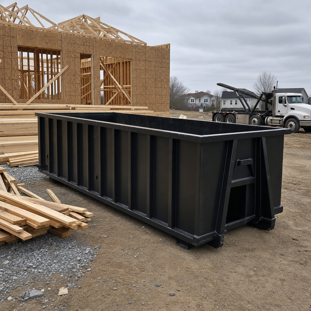 Matte-black 40-yard roll-off dumpster staged on a framed-out residential construction site in Lawrence, framing lumber stacked nearby, hooklift delivery truck visible in the background under bright Colorado daylight
