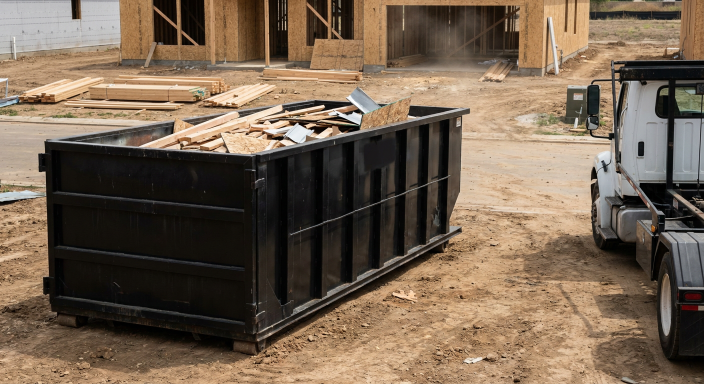 Matte-black 20-yard roll-off construction dumpster with heavy ribbed steel sidewalls and swing rear doors at a working jobsite in Lawrence, sitting directly on compacted dirt with an unmarked white hauler partially visible at the far edge of the frame.