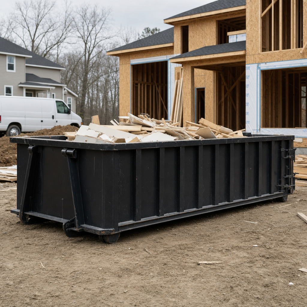 Worker in a yellow high-visibility vest tossing framing lumber and broken drywall into a matte-black 30-yard construction roll-off dumpster on an active build site in Lawrence, bright daylight