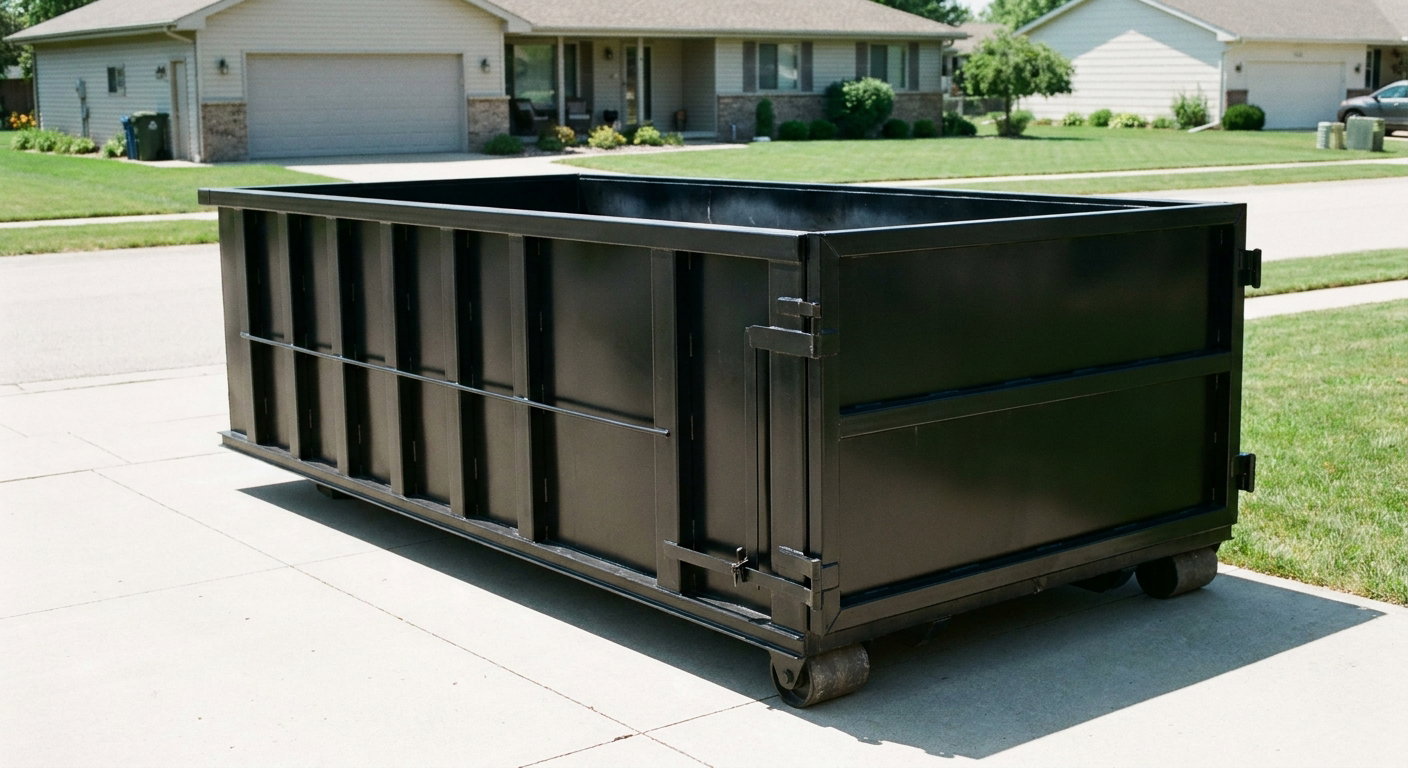 Matte-black 10-yard roll-off dumpster on a residential concrete driveway in Lawrence, uniformly painted matte black across every panel and rail, ribbed steel sidewalls and rear swing door visible, mid-day daylight.