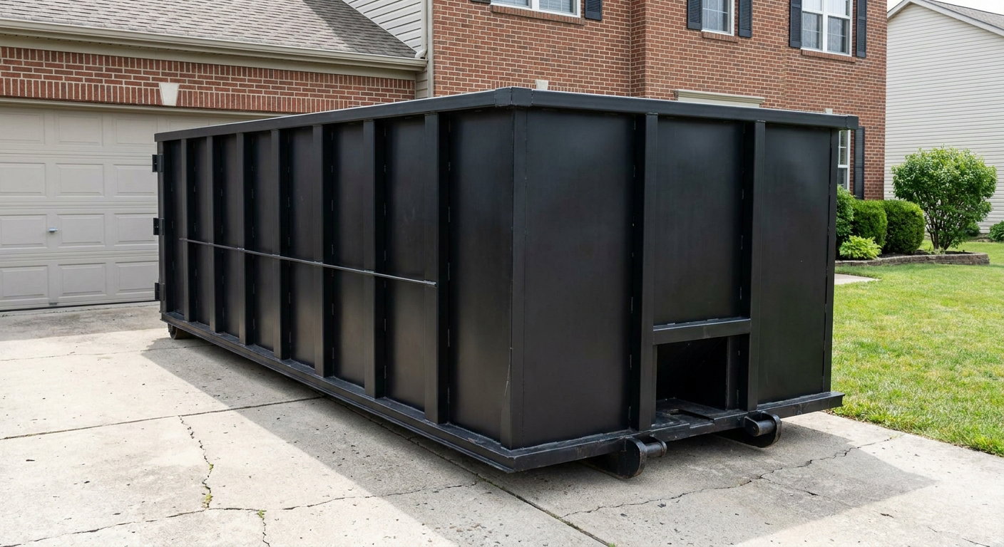 Matte-black 20-yard roll-off container on a Lawrence residential concrete driveway with reinforced ribbed steel sidewalls and a hinged rear walk-in door, clean bright daylight.