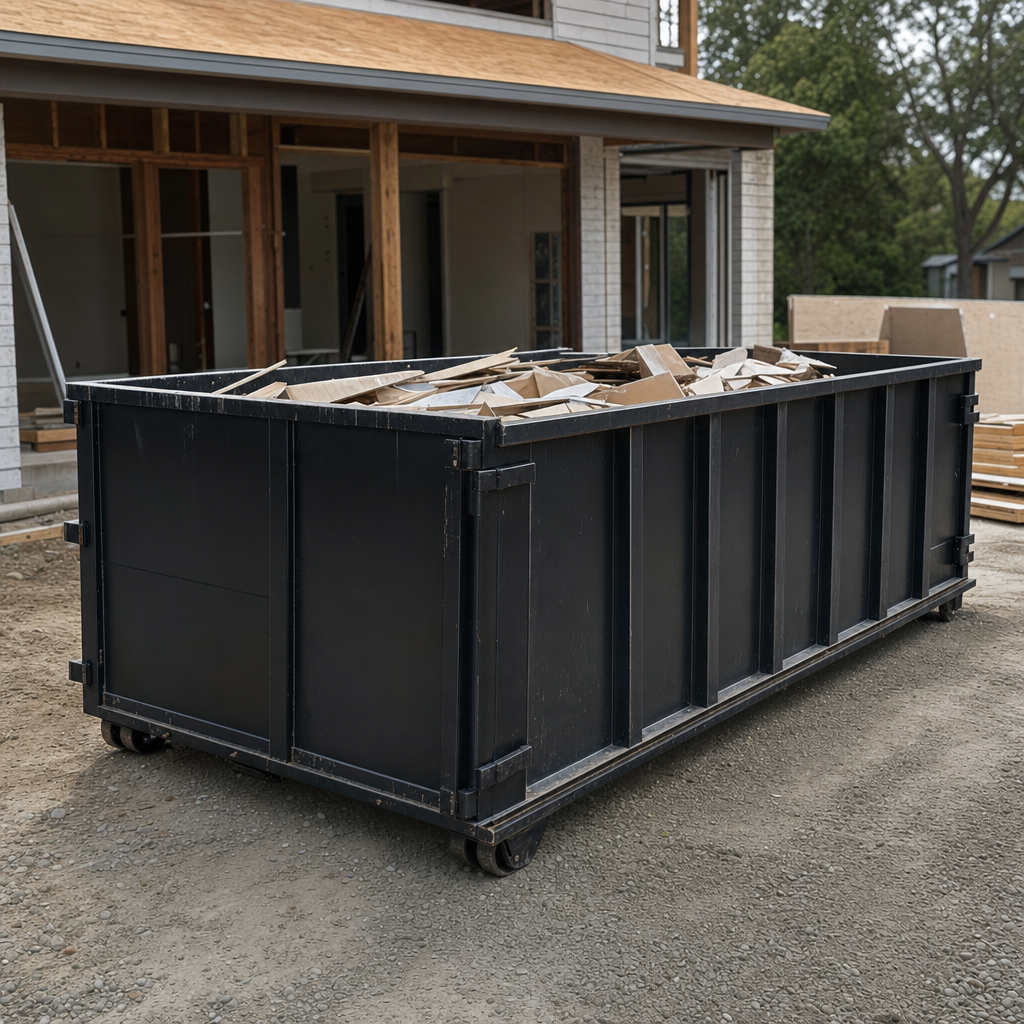 Large matte-black 30-yard construction roll-off dumpster at an active Lawrence jobsite, steel-gray top rails and bottom rollers visible, loaded with construction debris.
