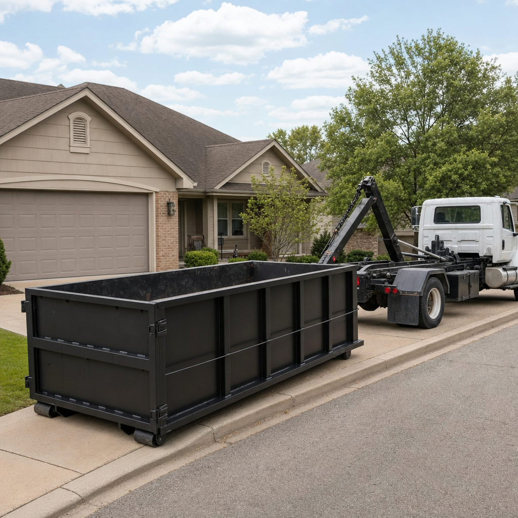 Wide documentary shot of a matte-black roll-off dumpster on a Lawrence residential driveway in the foreground and a contractor jobsite container in the soft-focus background, bright daylight, calm and orderly composition.