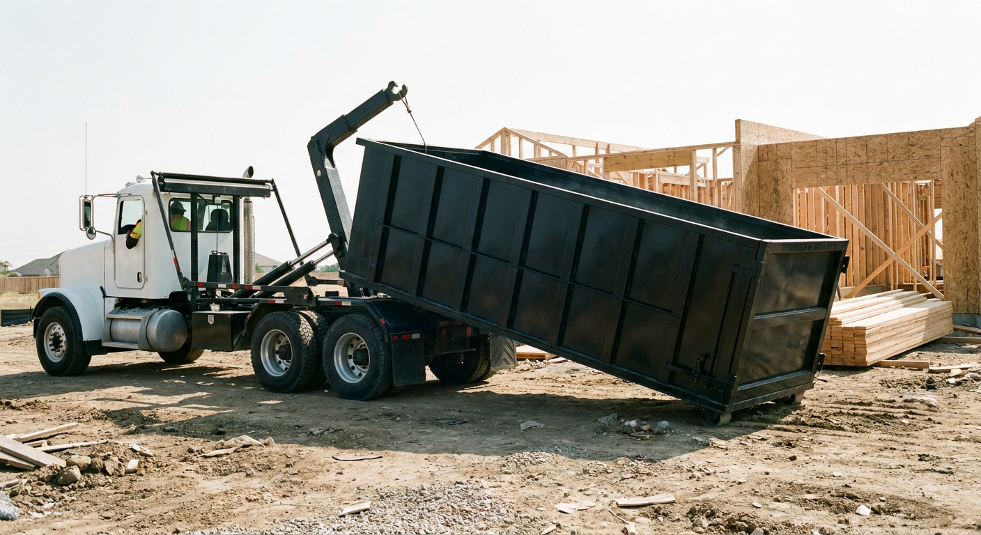 Matte-black roll-off dumpster being delivered onto a clean residential concrete driveway in Lawrence by an unmarked white hooklift hauler truck, bright morning daylight, documentary 35mm perspective.