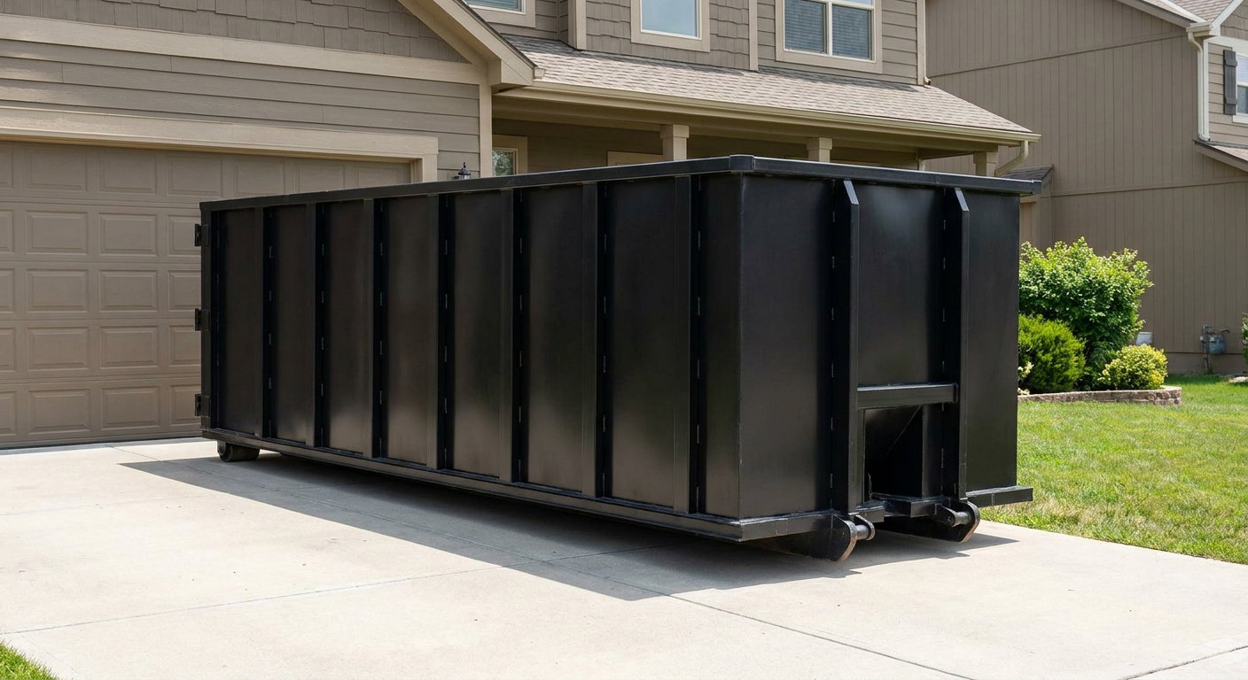 Matte-black residential roll-off dumpster sitting directly on a suburban Lawrence concrete driveway, garage door closed, single-family home in background, bright morning daylight.