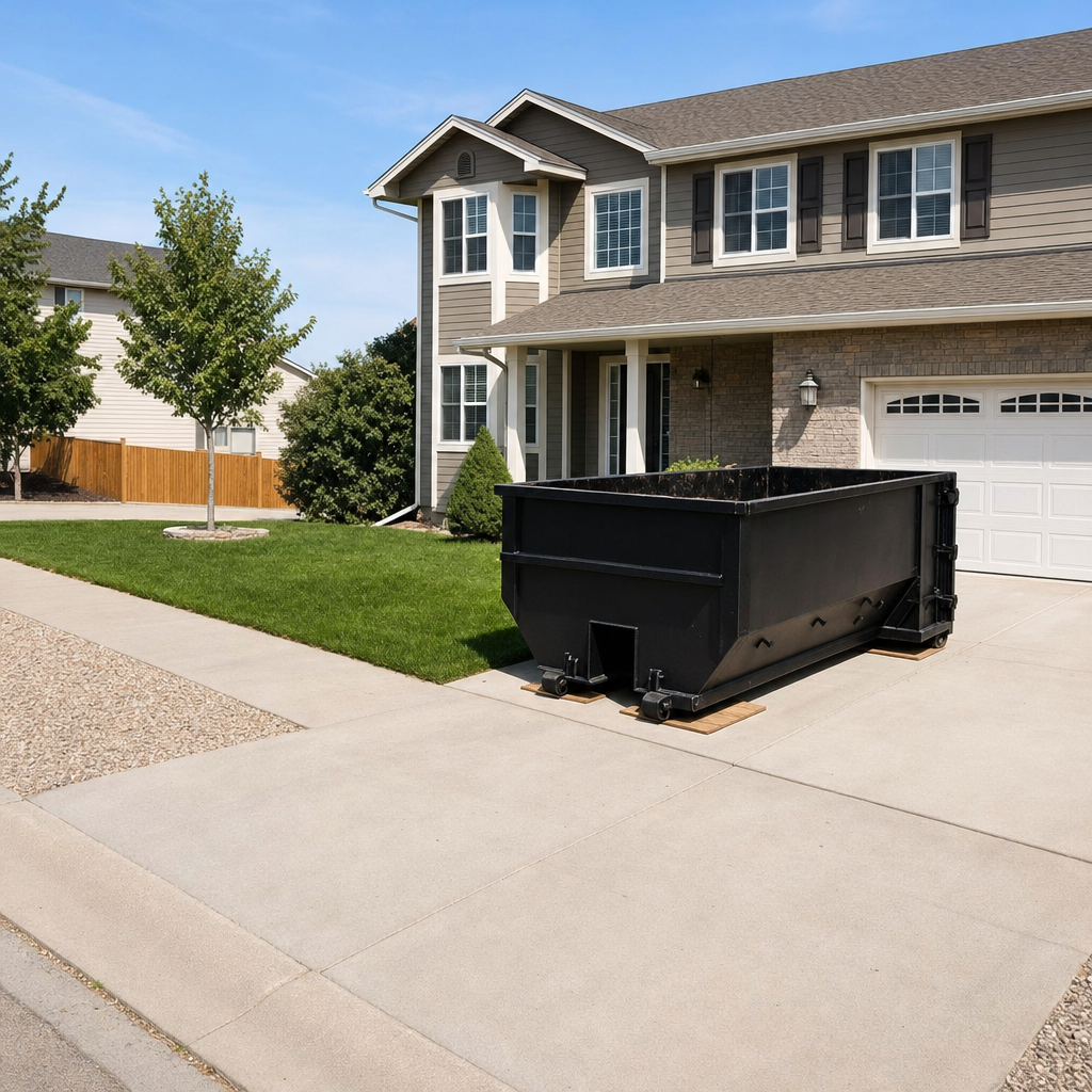 10-yard matte-black residential dumpster placed directly on a narrow Lawrence concrete driveway, room remains for a parked sedan beside it, mid-morning natural light