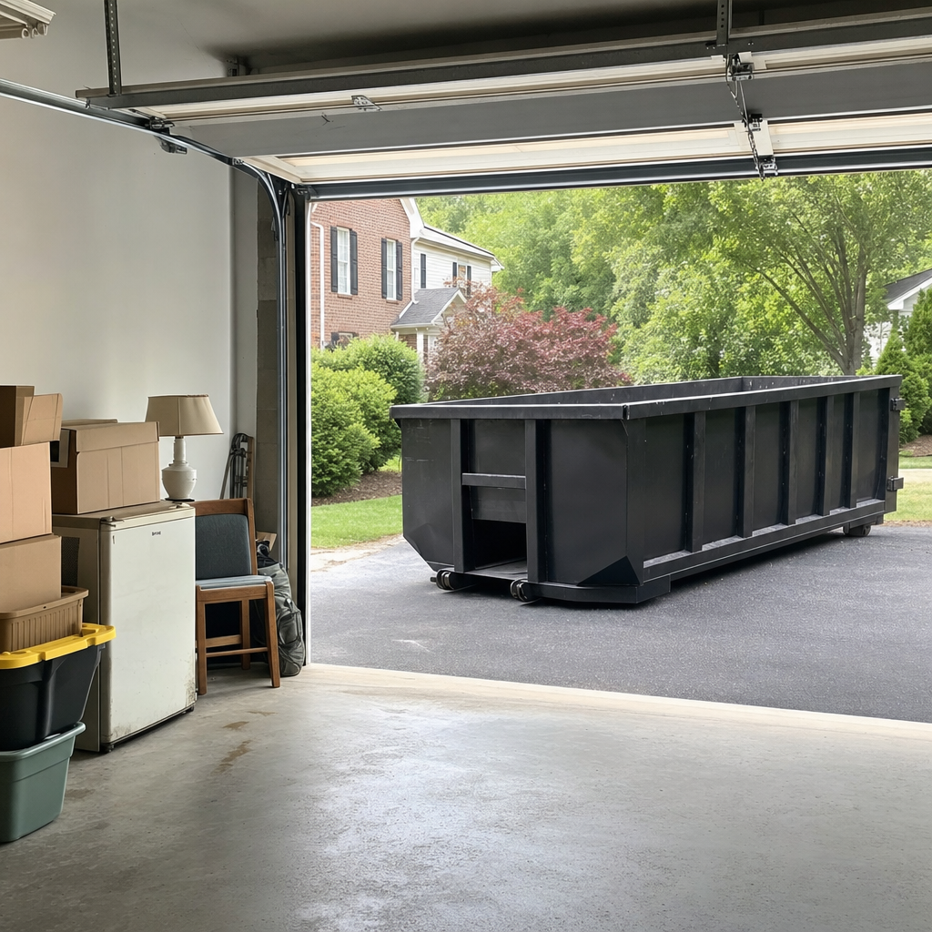 Open garage interior in a Lawrence home mid-cleanout — boxed items, an old appliance, and stacked yard tools queued near the driveway for a matte-black roll-off dumpster, organized and calm