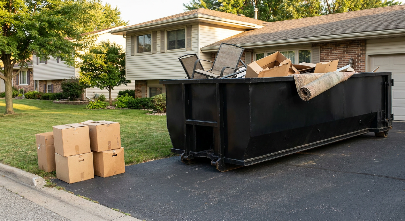 Front-yard view of a Lawrence split-level home with a 20-yard matte-black roll-off dumpster sitting directly on the asphalt driveway, a few clearly labeled donation boxes staged at the curb, calm sunny afternoon.