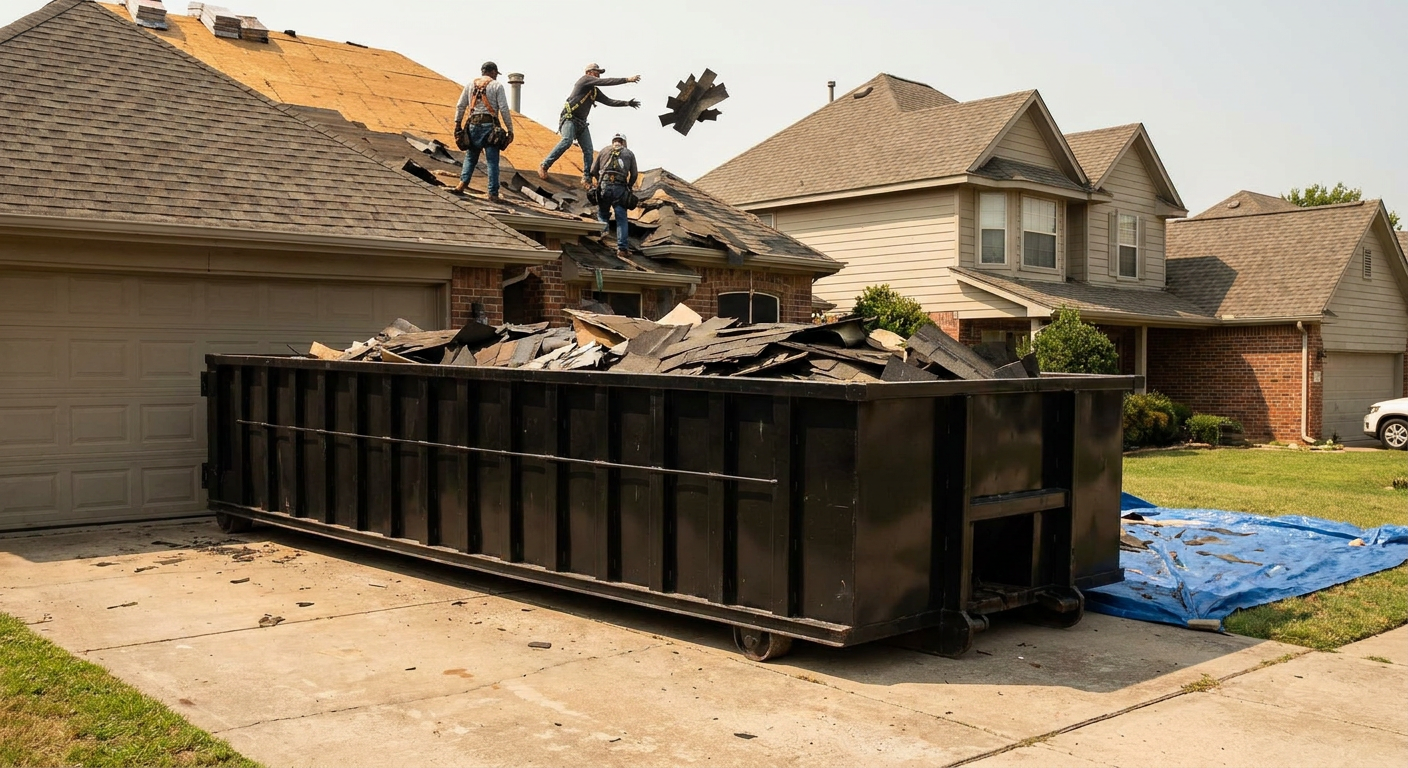 Matte-black roofing roll-off dumpster placed directly on a Lawrence residential concrete driveway, a tear-off crew on a two-story asphalt-shingle roof tossing shingle bundles into the low-walled container, bright daylight, documentary 35mm perspective.