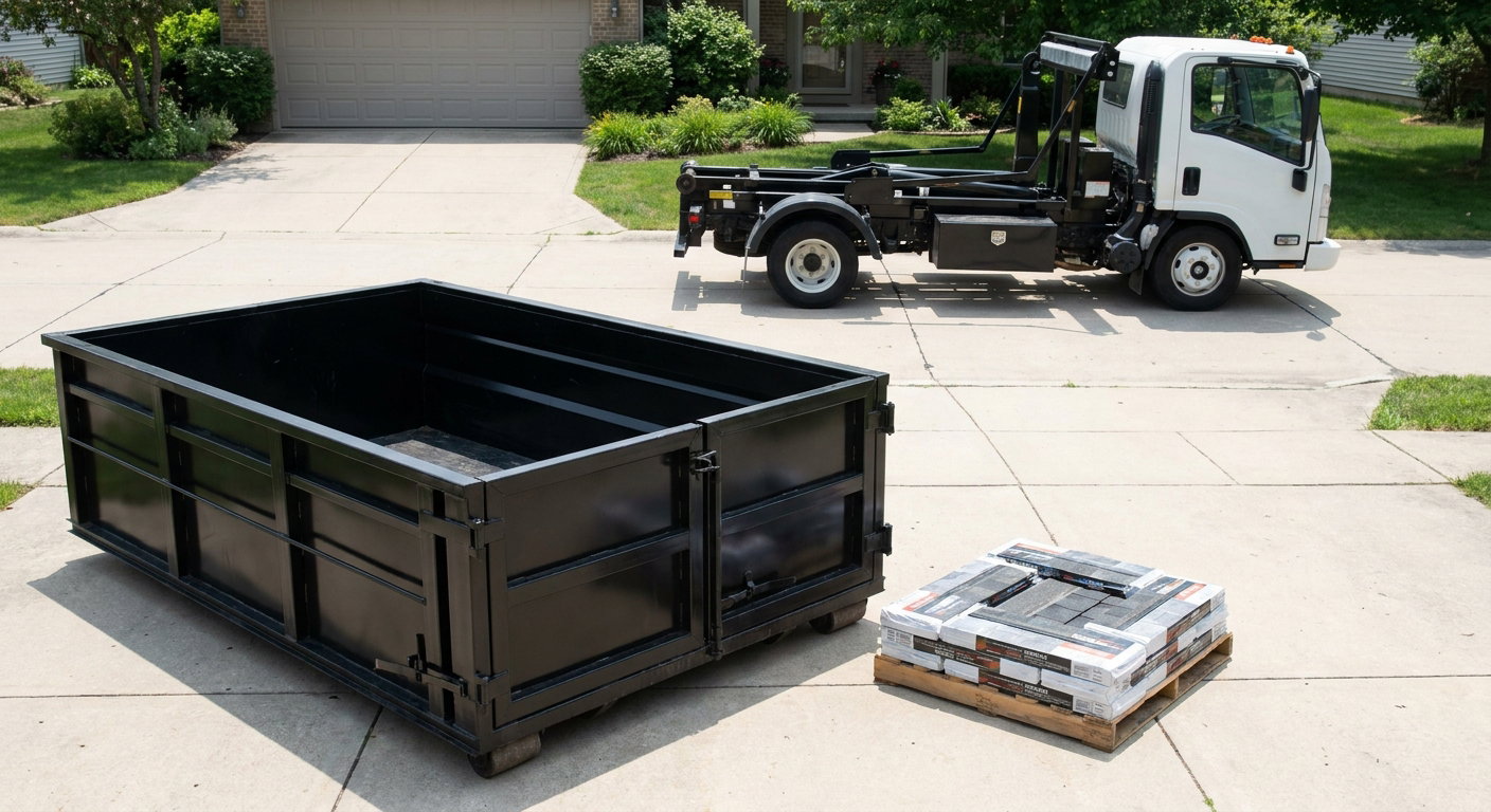 Matte-black 15-yard roofing roll-off dumpster with reinforced low side walls sitting directly on a Lawrence residential concrete driveway, three-tab asphalt shingle bundles stacked nearby, an unmarked white hauler truck partially visible at the edge of the frame.