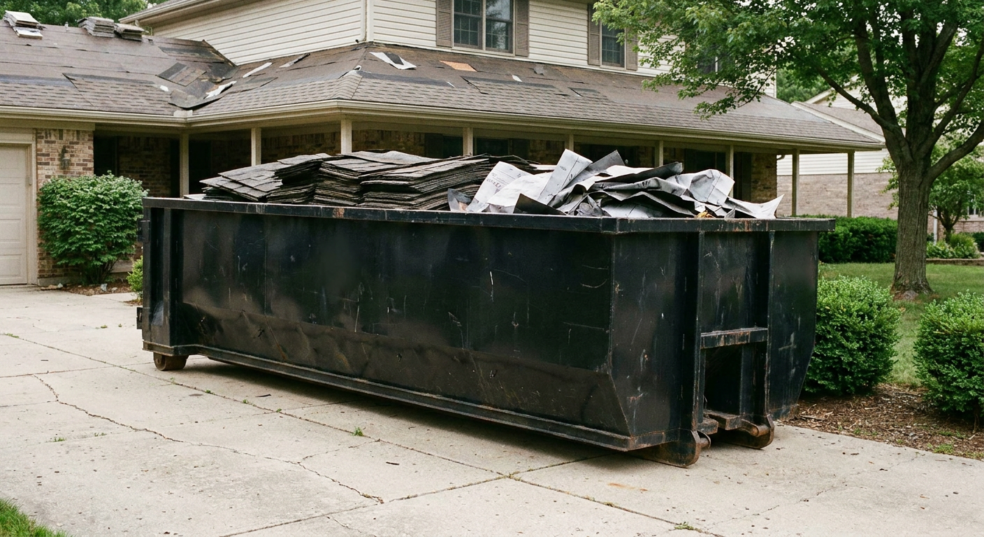 Matte-black 30-yard roofing roll-off dumpster sitting directly on a Lawrence concrete driveway, taller ribbed steel side panels, mixed tear-off debris of asphalt shingles and underlayment inside, professional documentary daylight.