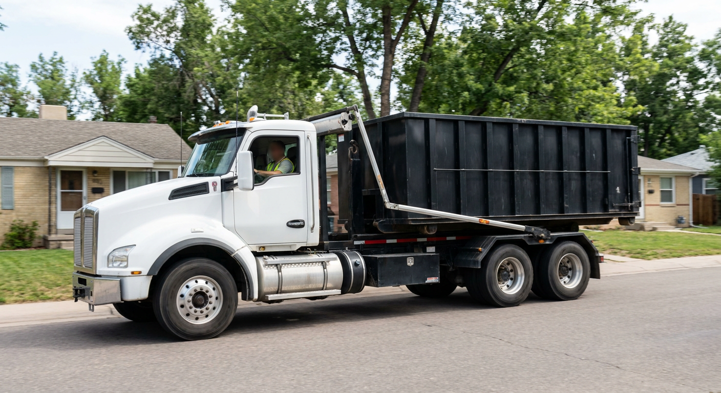 A wide documentary shot of a matte-black roll-off delivery truck pulling onto a quiet Lawrence residential street at mid-morning, with neighborhood rooftops and tree-lined blocks visible behind, showing the metro coverage footprint.