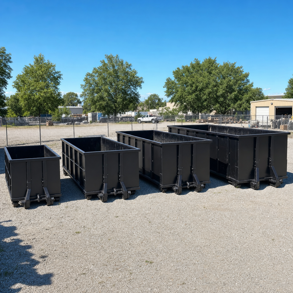 A clean lineup of matte-black roll-off dumpsters in 10, 20, 30, and 40-yard sizes staged on a sunlit gravel yard in Lawrence, showing the size progression from compact to commercial-scale containers.