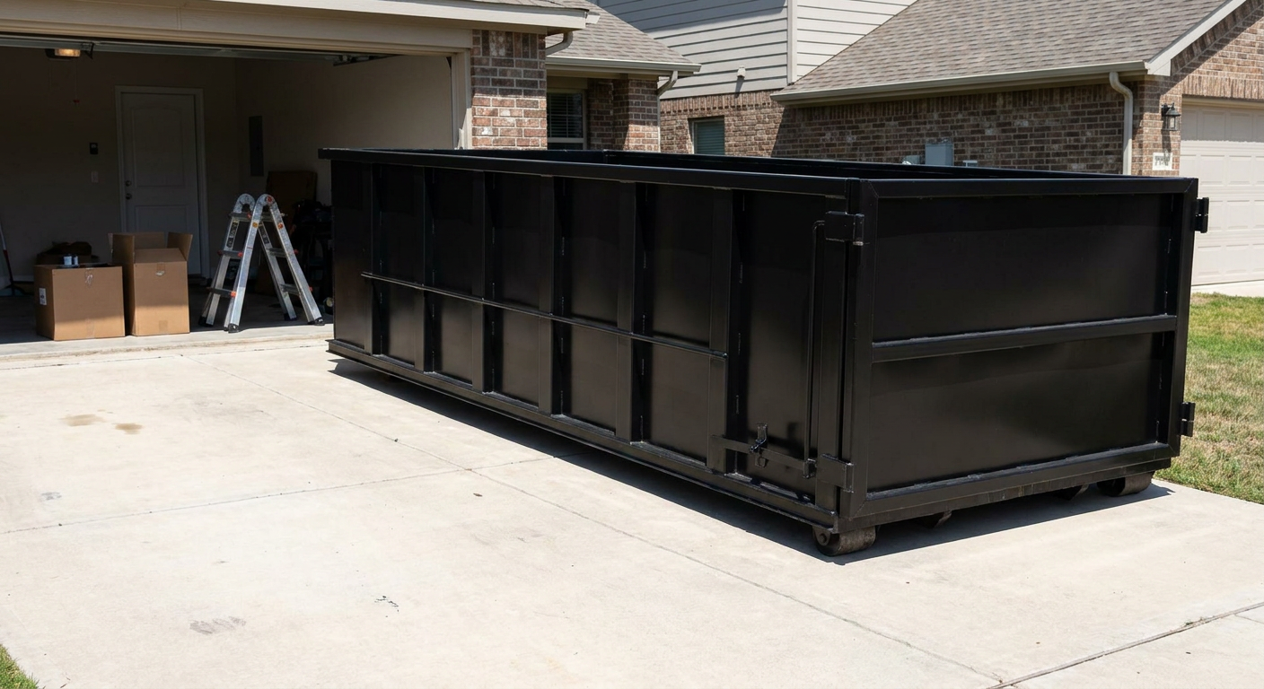A matte-black 10-yard roll-off dumpster sitting directly on a residential Lawrence concrete driveway, mid-day sunlight, clean and ready for a garage cleanout.