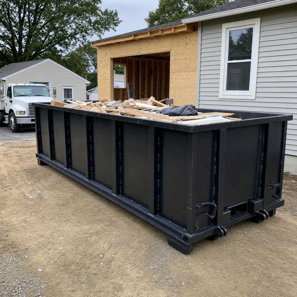A matte-black 30-yard roll-off dumpster positioned at a Lawrence residential addition jobsite, with framing lumber and drywall scraps loaded through the open swinging rear doors.