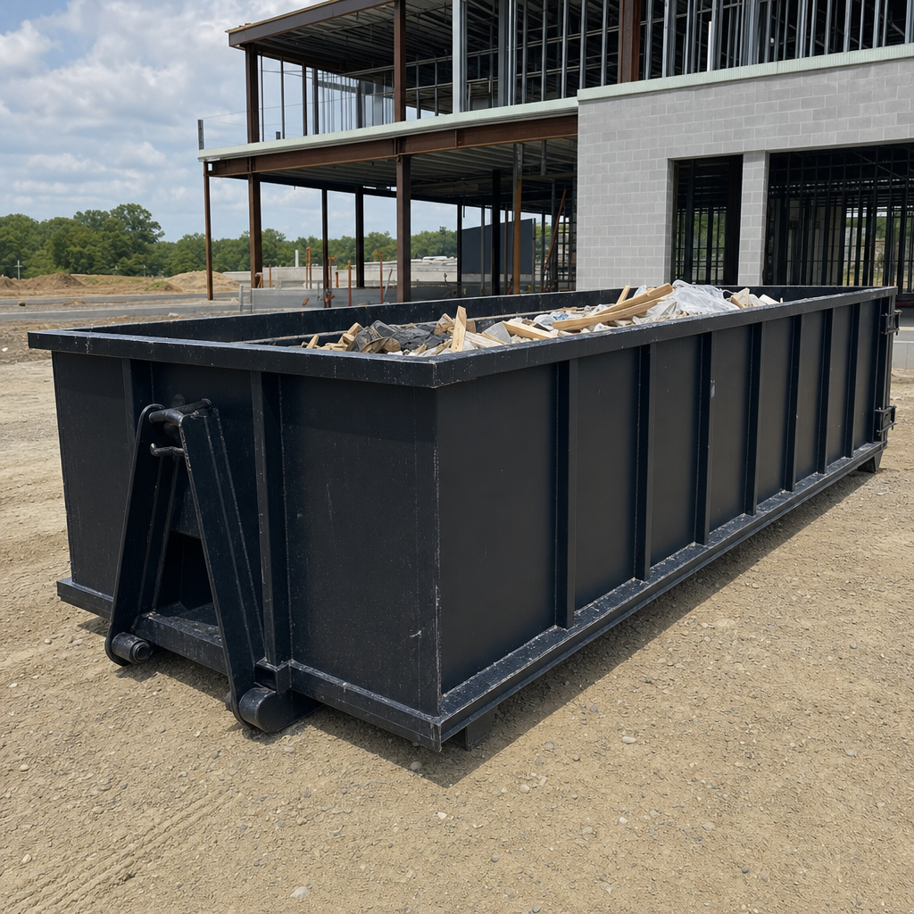 A matte-black 40-yard roll-off dumpster staged on a large Lawrence commercial construction lot, with a hooklift delivery truck parked alongside under bright midday sky.