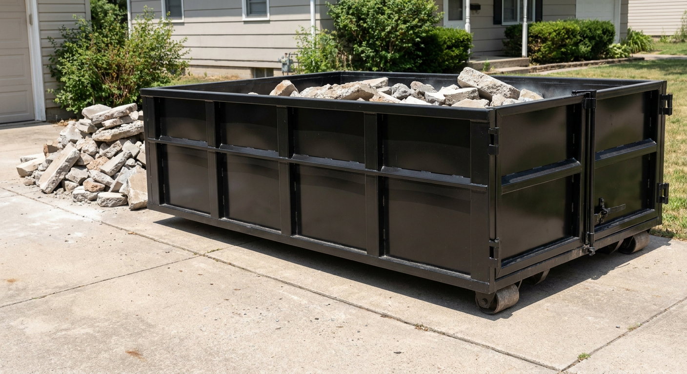 A matte-black low-side heavy-debris roll-off dumpster placed directly on a Lawrence concrete driveway, with broken concrete chunks neatly stacked beside it under clean daylight.